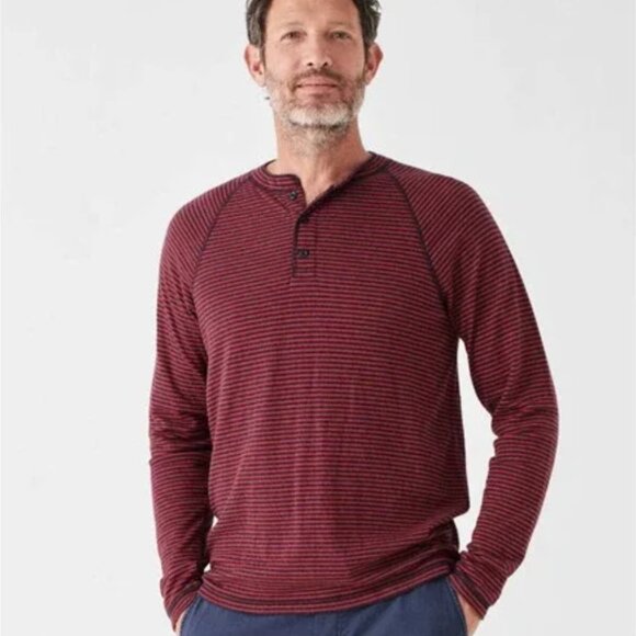 Faherty Mens Cloud Long Sleeve Henley Red Blue Cumberland Stripe Pima Cotton - Picture 1 of 7